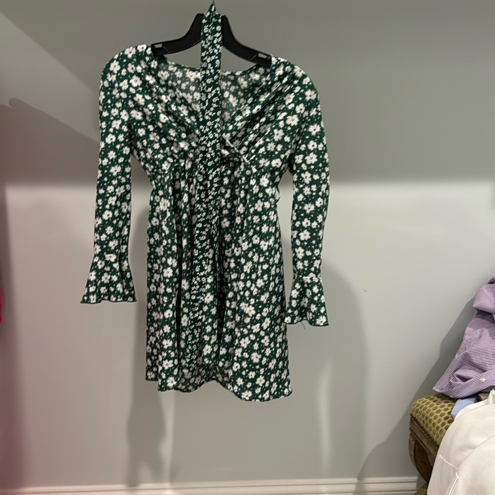 Green floral dress and comes with also green floral belt